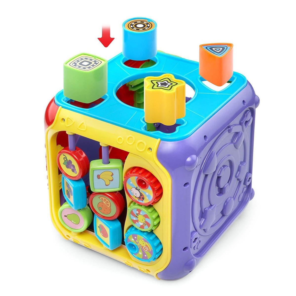 Blue, purple, and yellow activity cube top with spinning color pegs