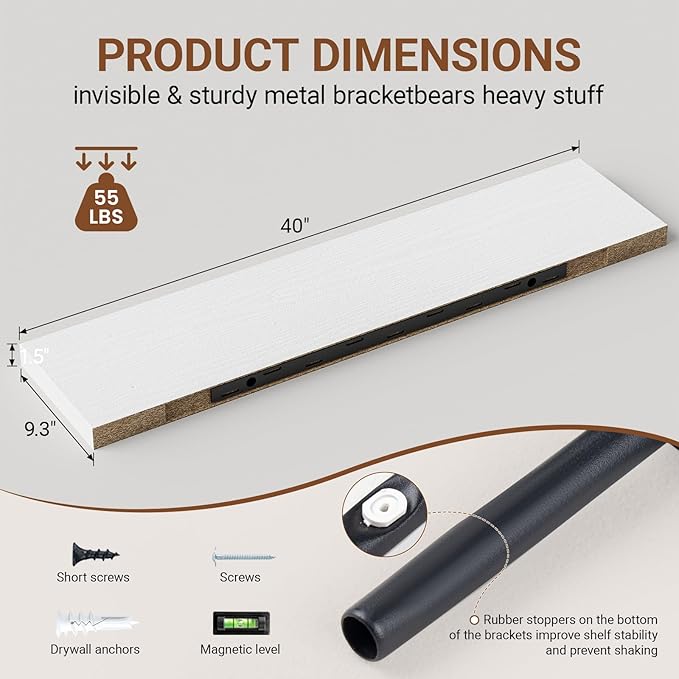 White floating shelf plank underside showing metal bracket with screw holes, 9.3 in deep