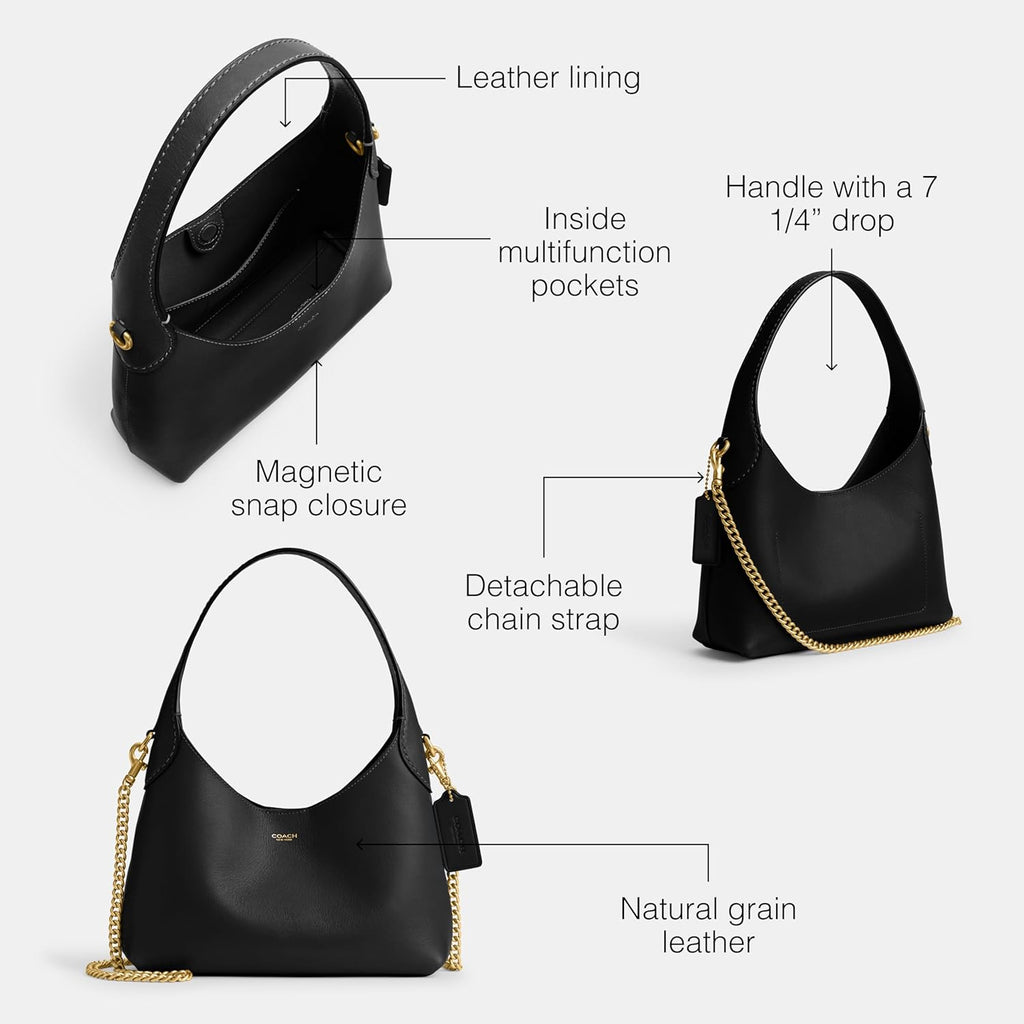 COACH shoulder bag features detachable chain strap, magnetic snap closure, leather lining