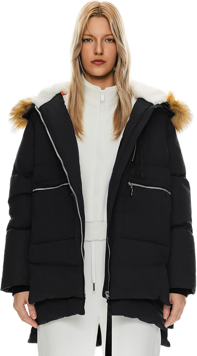 Women’s thickened down jacket, black hooded puffer with faux-fur trim and zip front