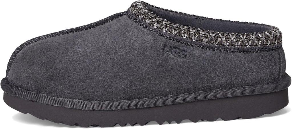 Kids' UGG Tasman II slipper, dark suede with UGG logo and woven trim