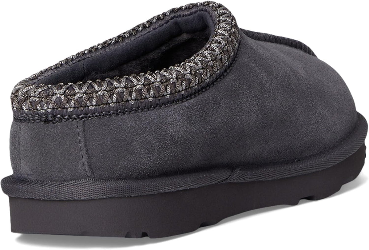 Kids' UGG Tasman II slipper, open heel with dark fuzzy lining and woven collar
