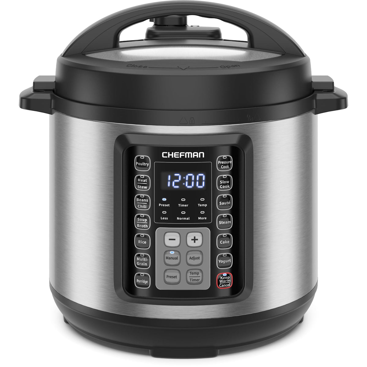 Chefman stainless steel electric pressure cooker with touch control panel and lid
