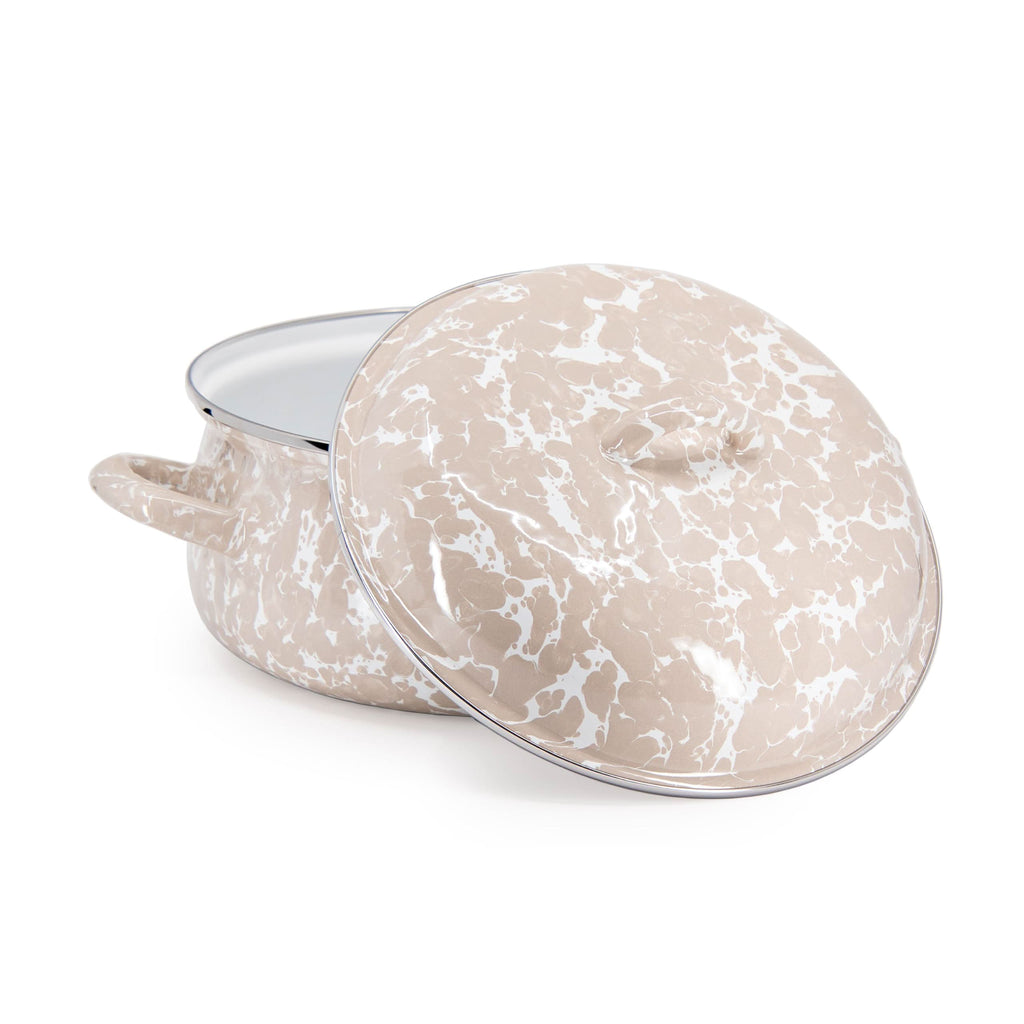 Golden Rabbit 4-quart enamel Dutch oven, taupe speckled with lid open
