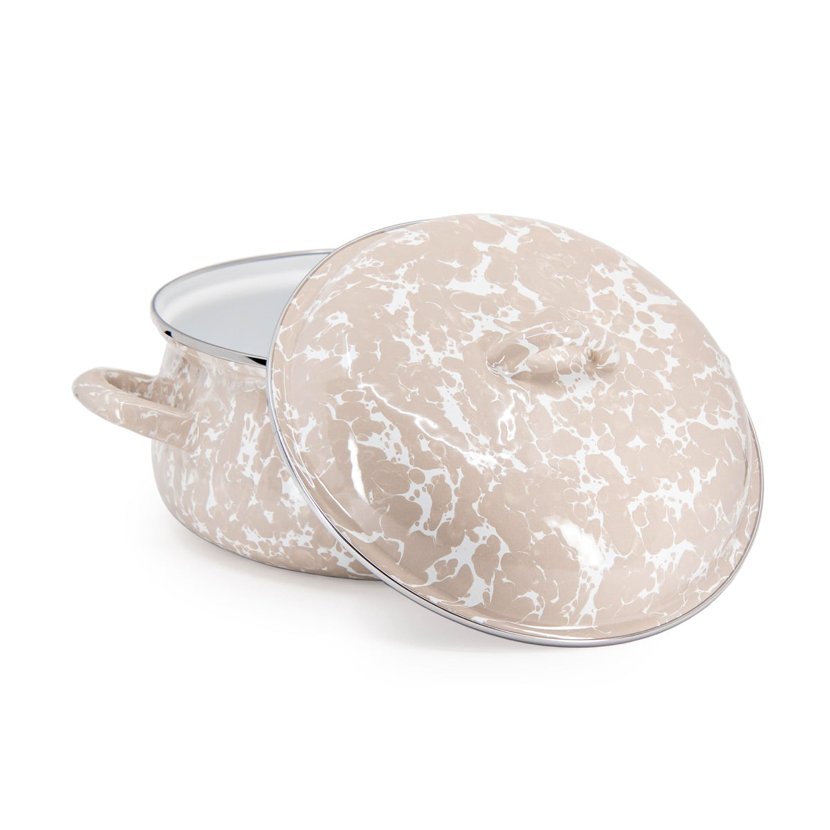 Golden Rabbit 4-quart enamel Dutch oven, taupe speckled with lid open