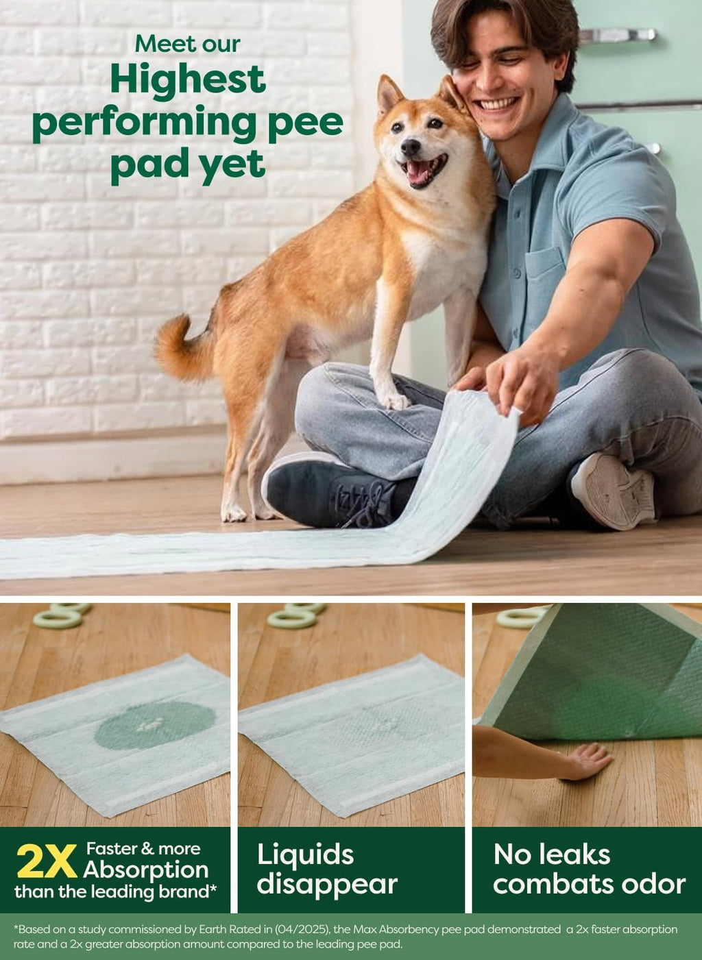 Large pee pad on floor with dog standing beside kneeling person during training