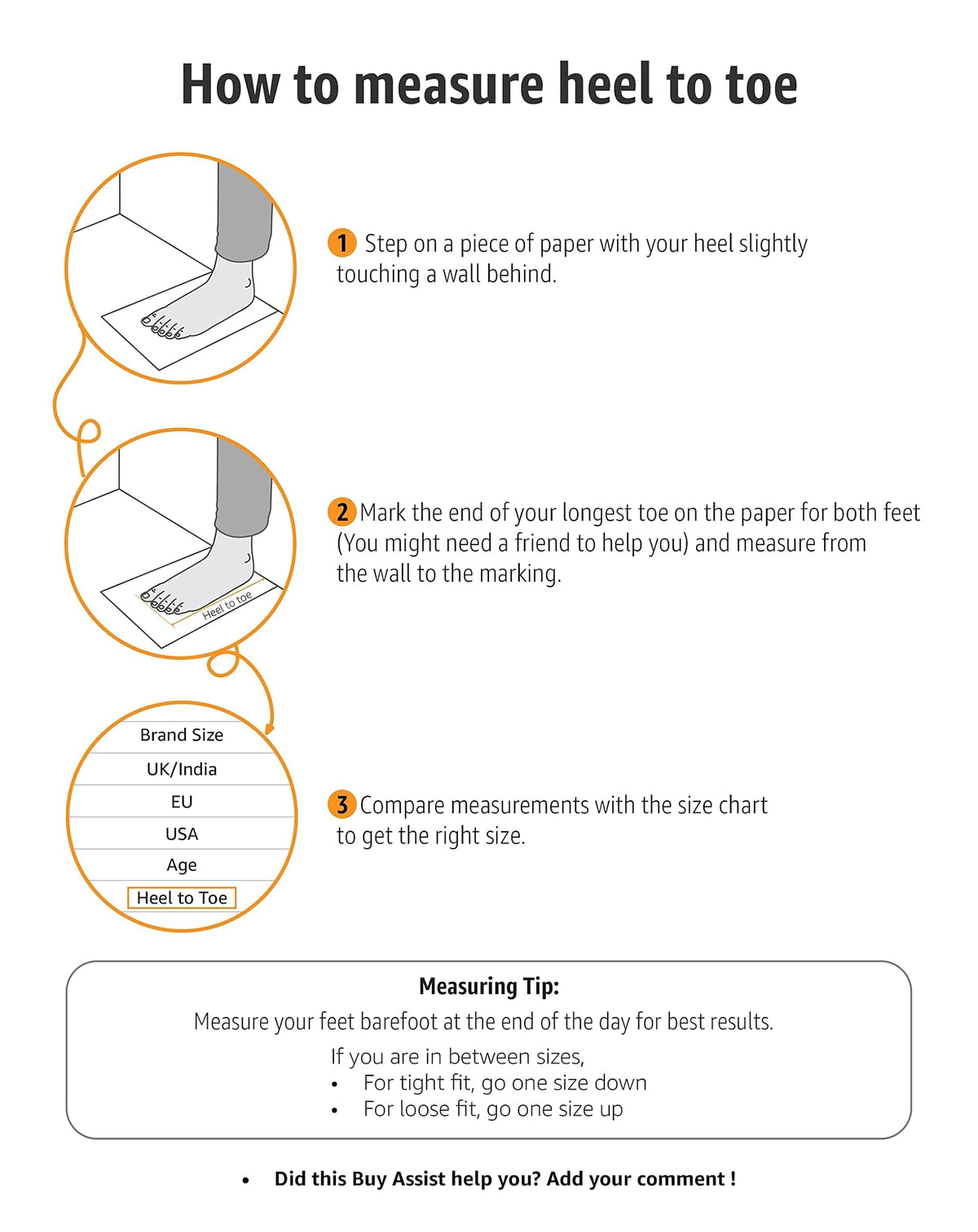 Heel-to-toe size measuring chart diagram with steps and measuring tip
