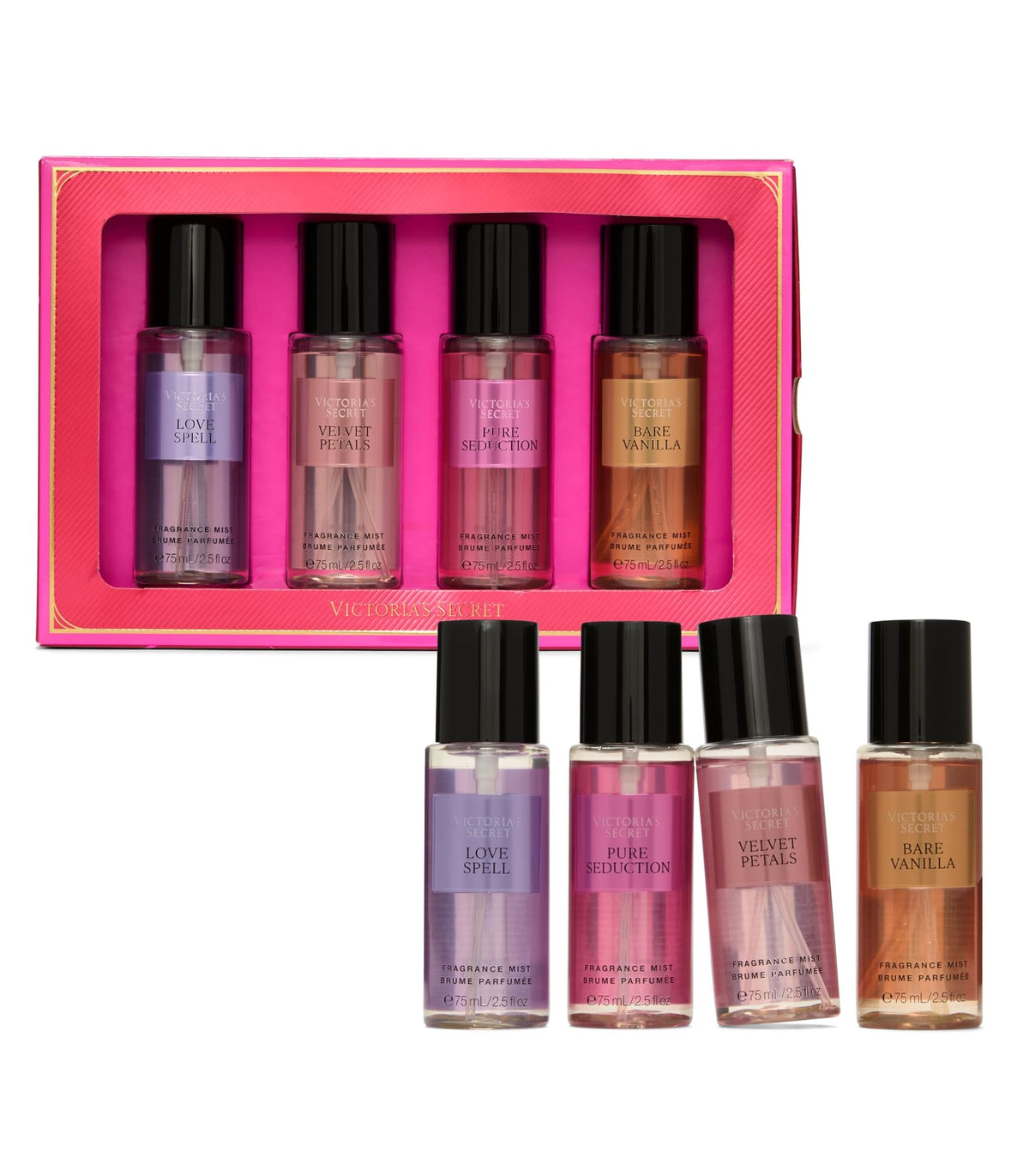 Four mini fragrance mist bottles in a pink gift box with black caps.
