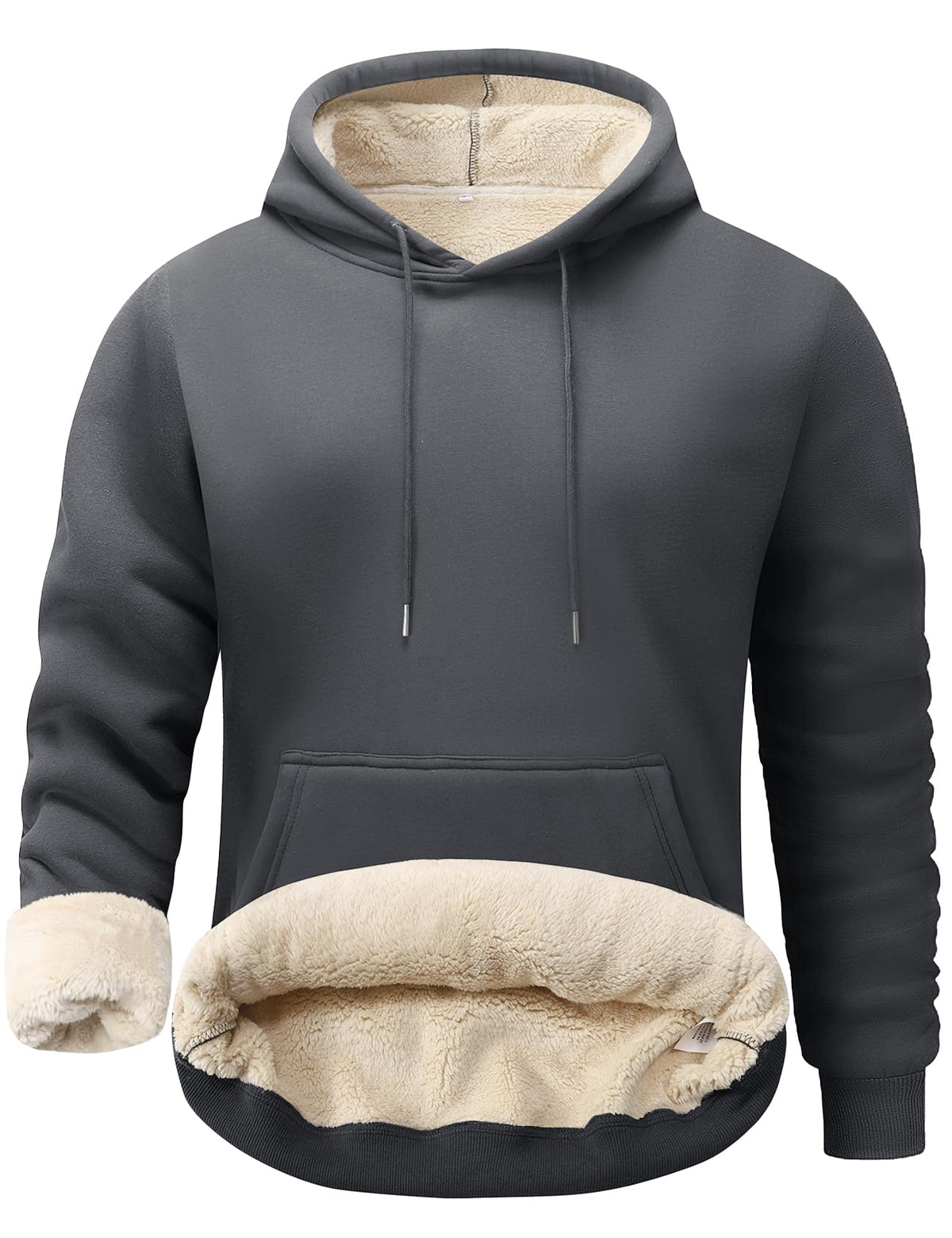 Men's charcoal gray sherpa-lined fleece hoodie with hood drawstrings and kangaroo pocket.