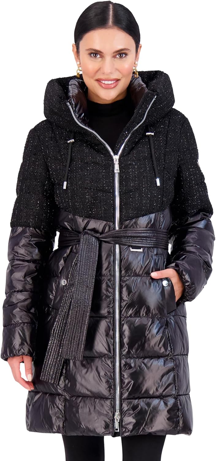 Black hooded puffer jacket with removable belt, front zipper, quilted design and zip pockets.