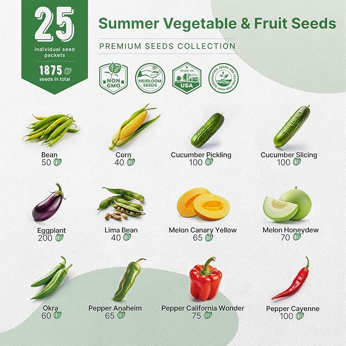 Vegetable seed assortment card showing 12 varieties with photos and counts