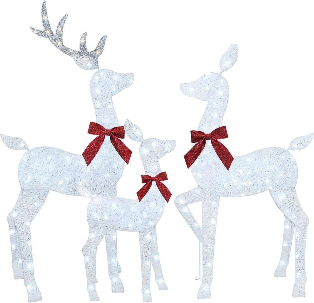Blue-tinted glitter lighted reindeer yard decoration set with red bows
