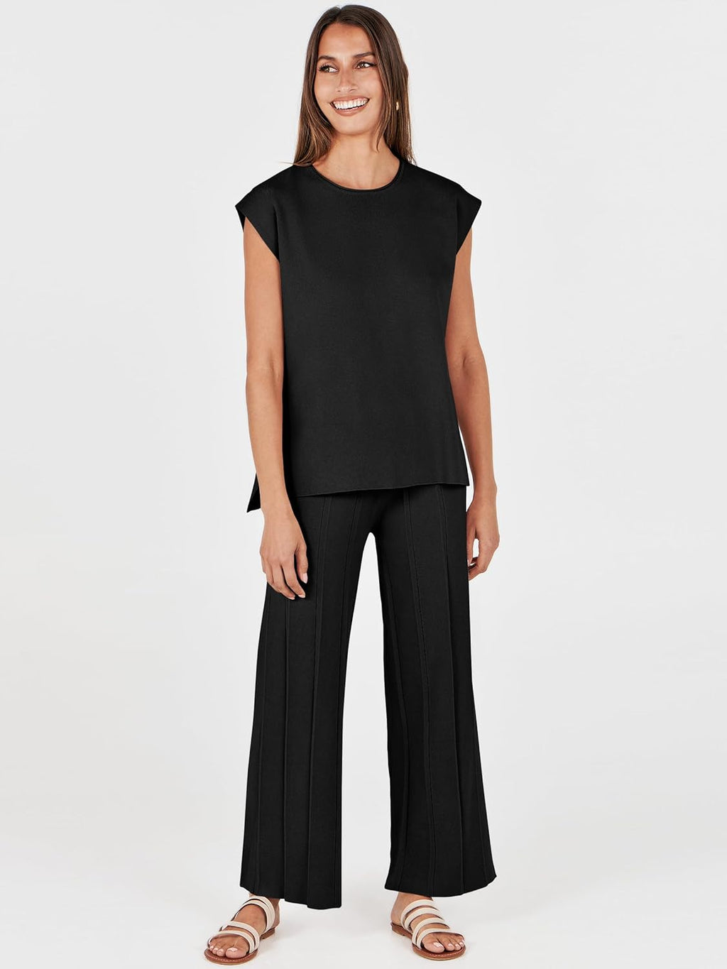 Black sleeveless lounge set with fitted sleeveless top and flowy wide-leg pants
