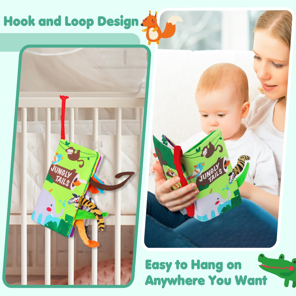 Touch-and-feel animal tail soft book with hook-and-loop design for hanging anywhere