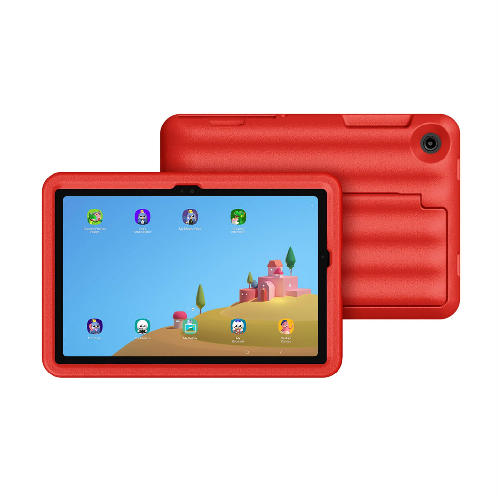 Red kids tablet with protective case, showing a colorful learning game screen