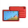 Red kids tablet with protective case, showing a colorful learning game screen
