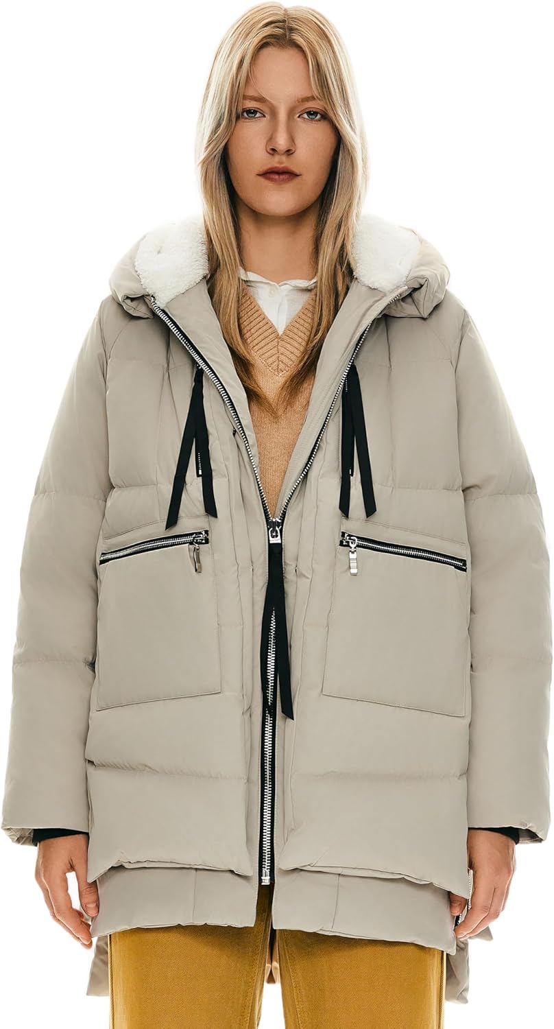 Women's thickened down jacket in light gray, zip front with gray faux-fur hood trim