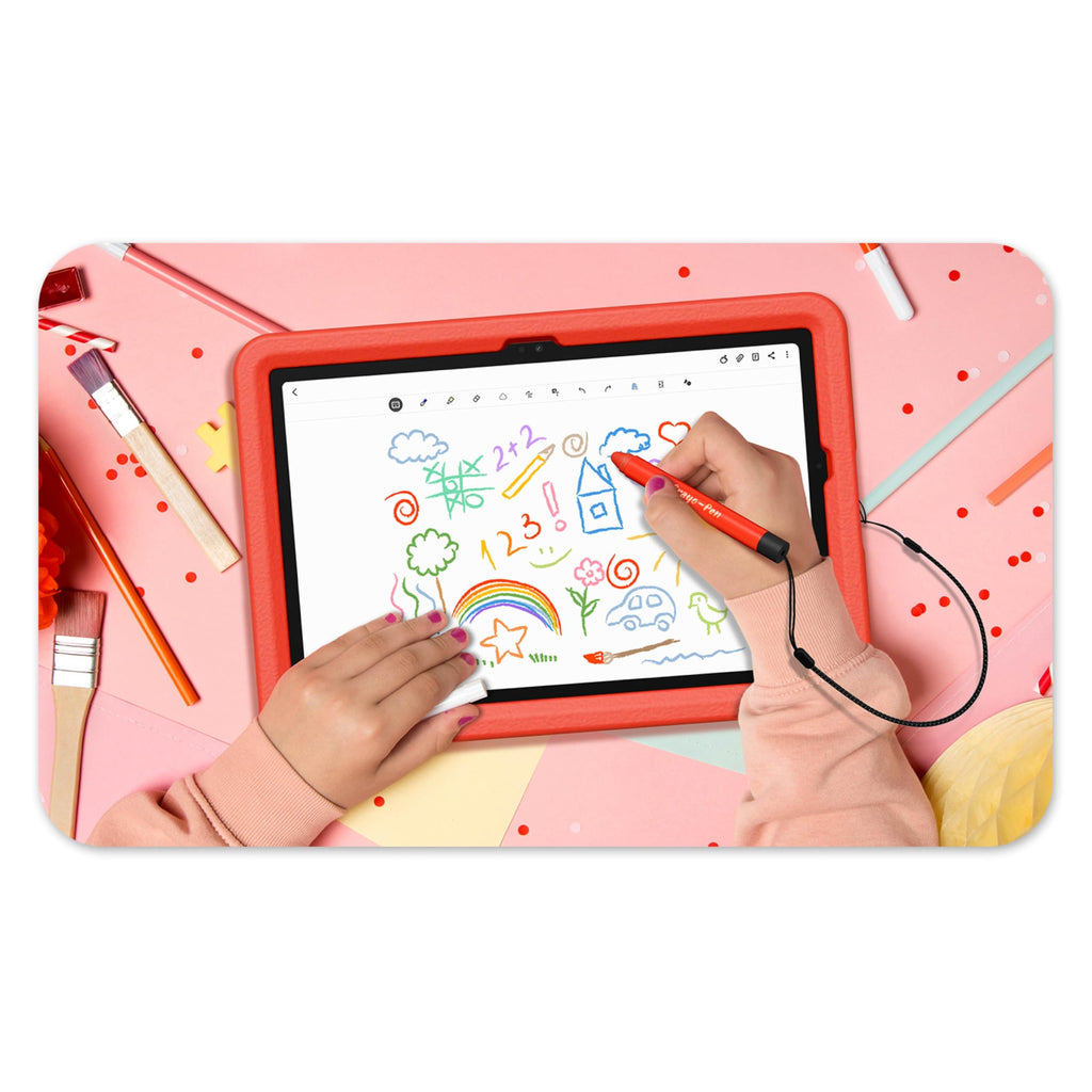 Red kids tablet in hand with stylus drawing on colorful educational screen