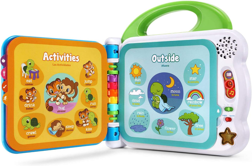 Green learning book toy open to Activities and Outside word panels