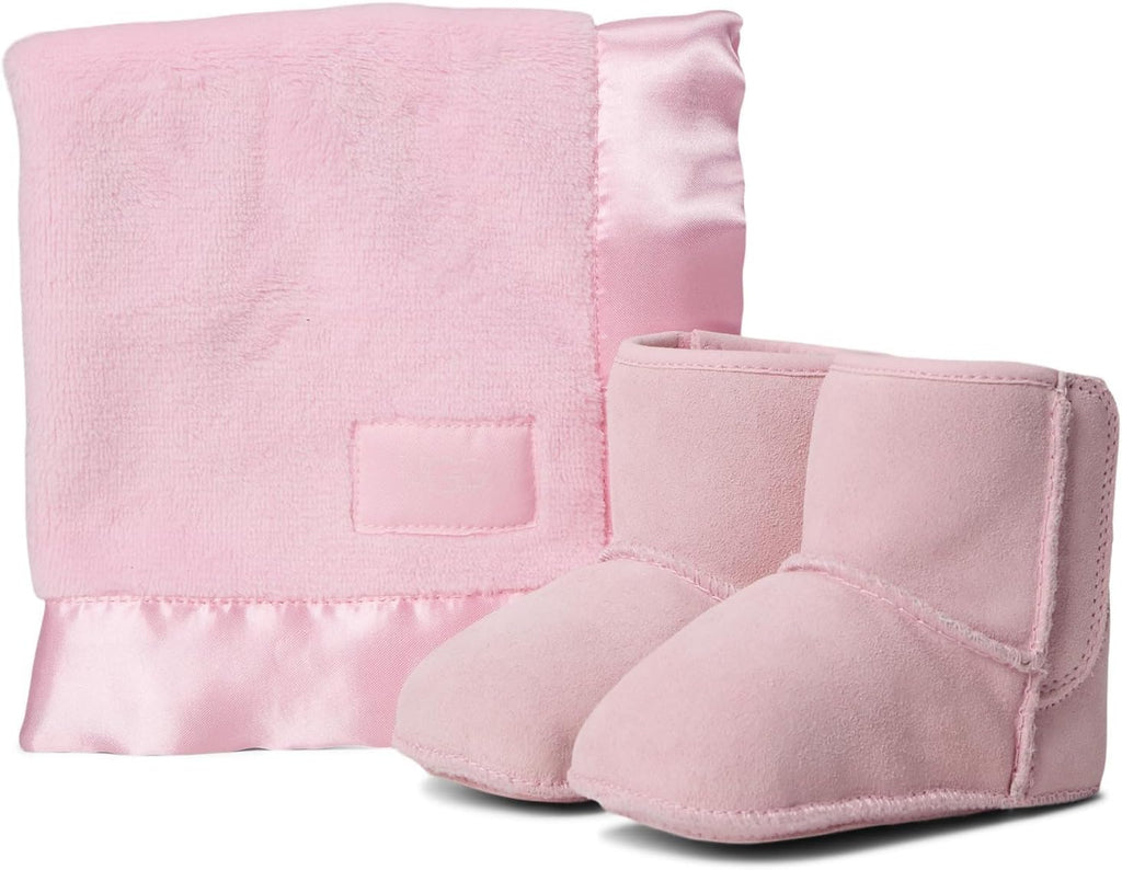 Pink plush baby booties with matching lovey blanket, satin-trim edges