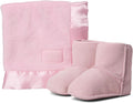 Pink infant booties with matching lovey blanket and satin-trim cuff