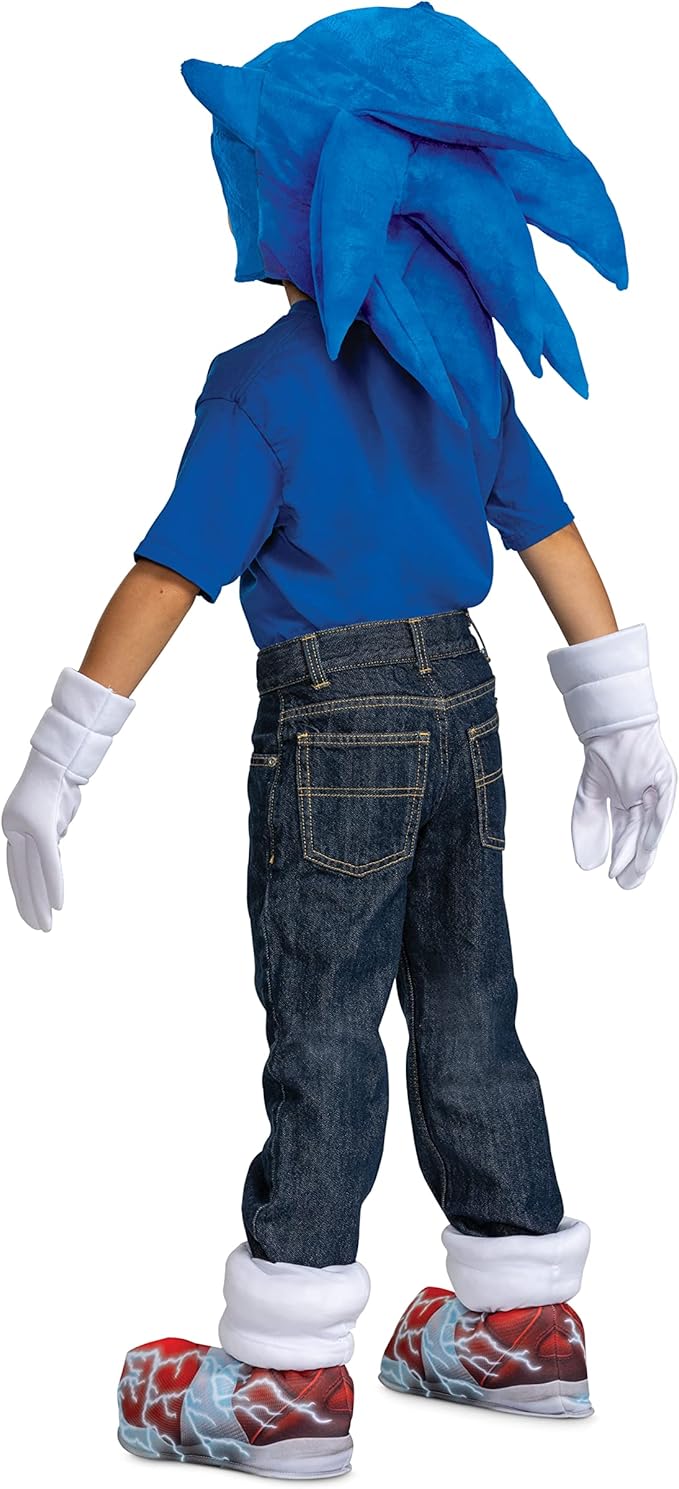 Kids costume accessory set: blue spiky hood, white gloves, dark jeans, and red-blue boot covers