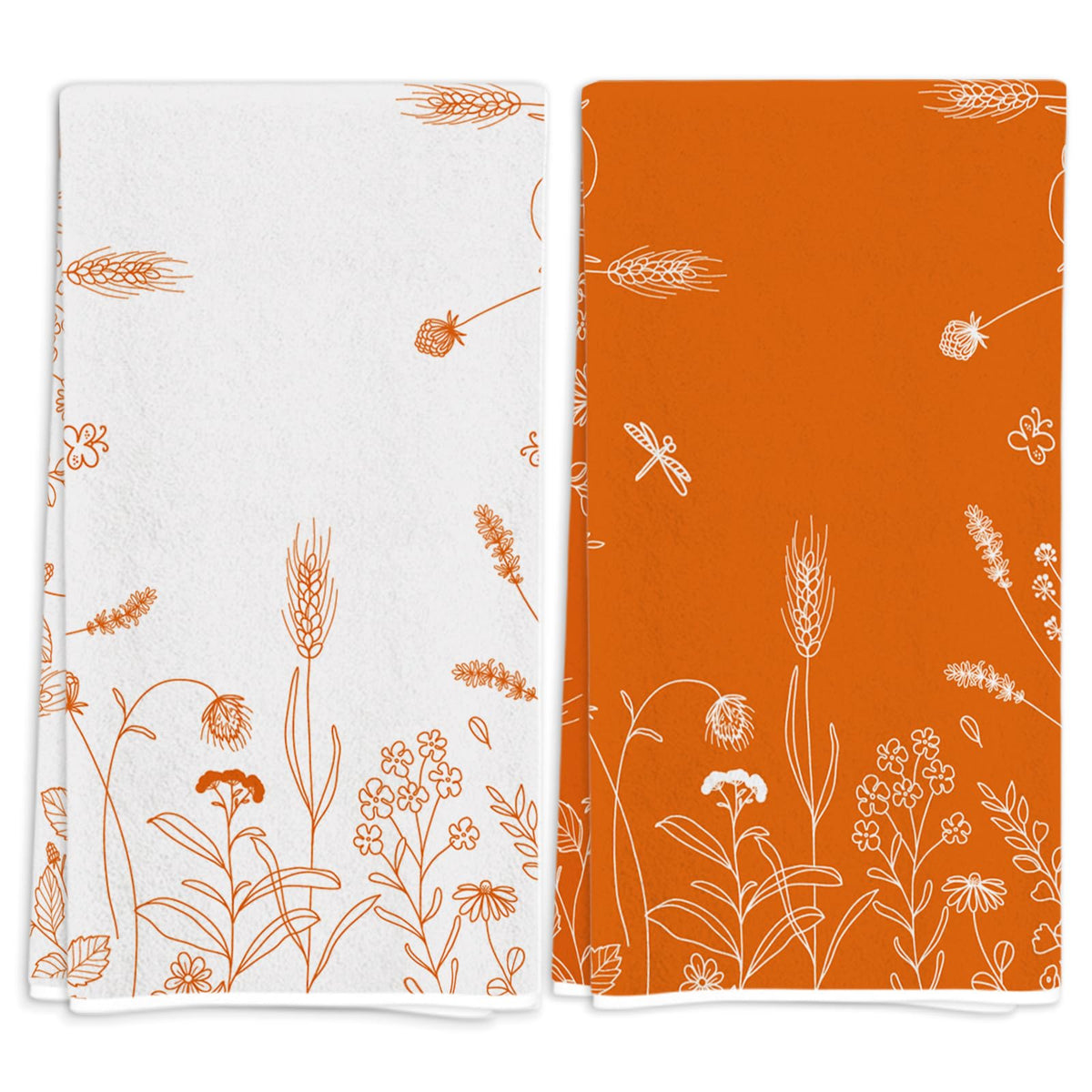 Set of two kitchen towels, white and orange with orange floral prints