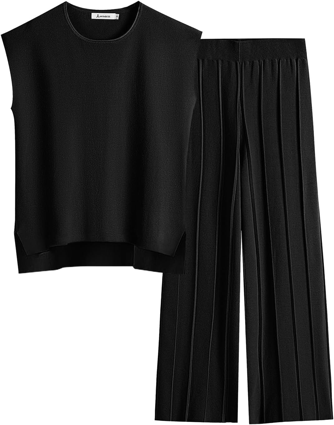 Black knit sweater vest and wide-leg lounge pants set, pleated front, relaxed fit