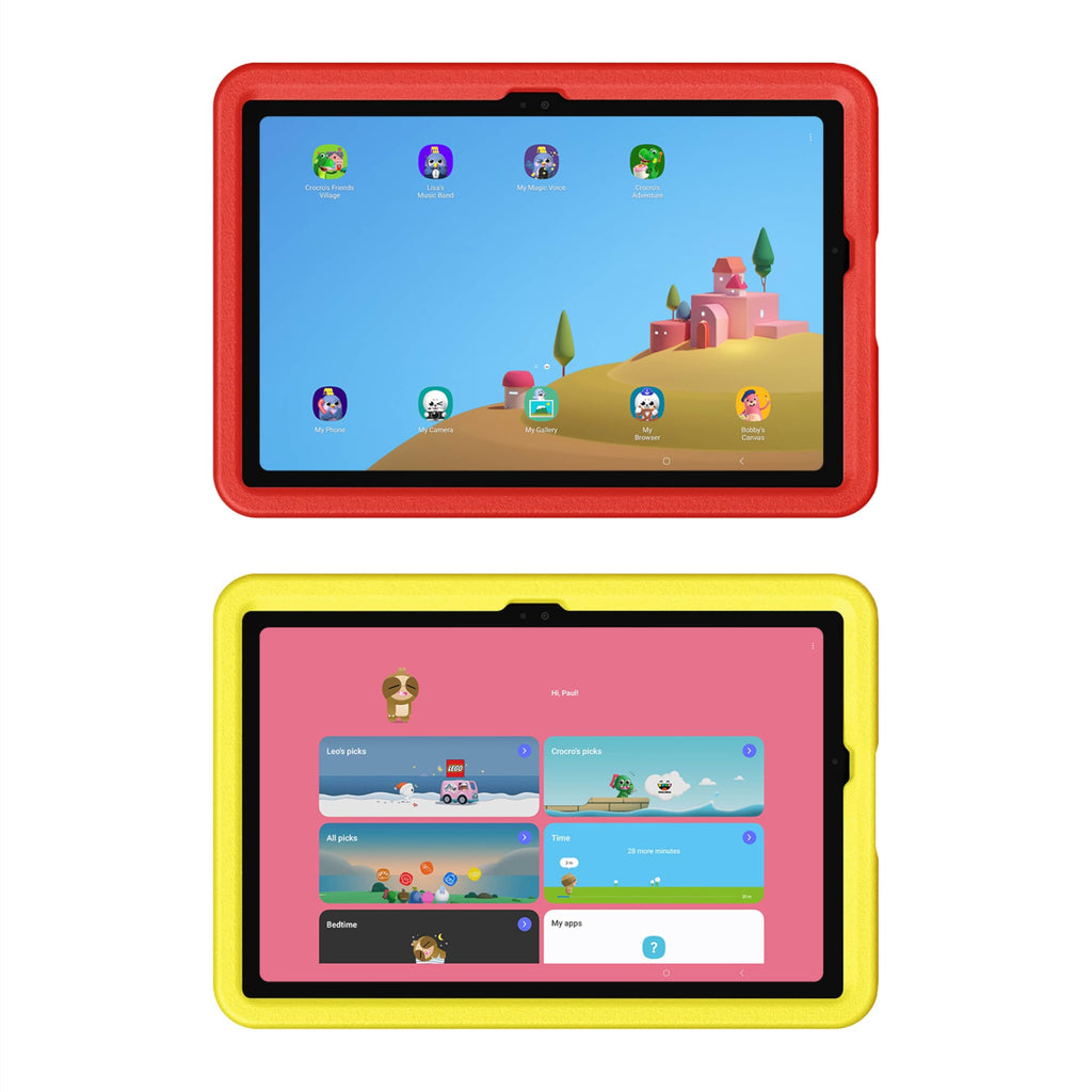 Red and yellow kids tablets shown together with protective cases