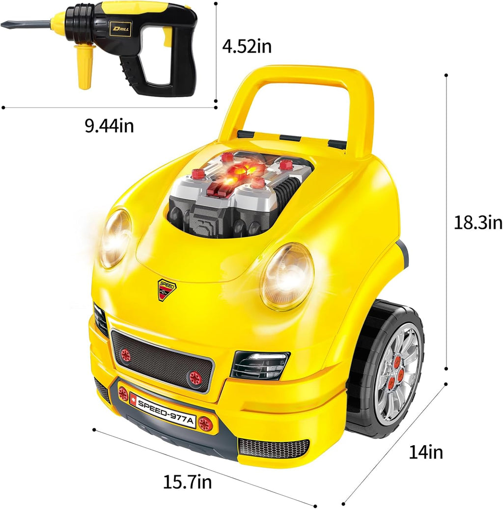 Yellow toy mechanic truck with open hood and visible engine, front three-quarter view
