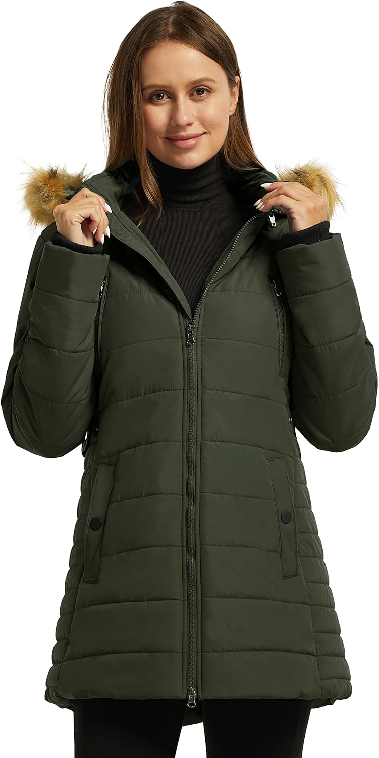 Women’s green fur-trim hood puffer parka, front zip, long sleeves, side pockets