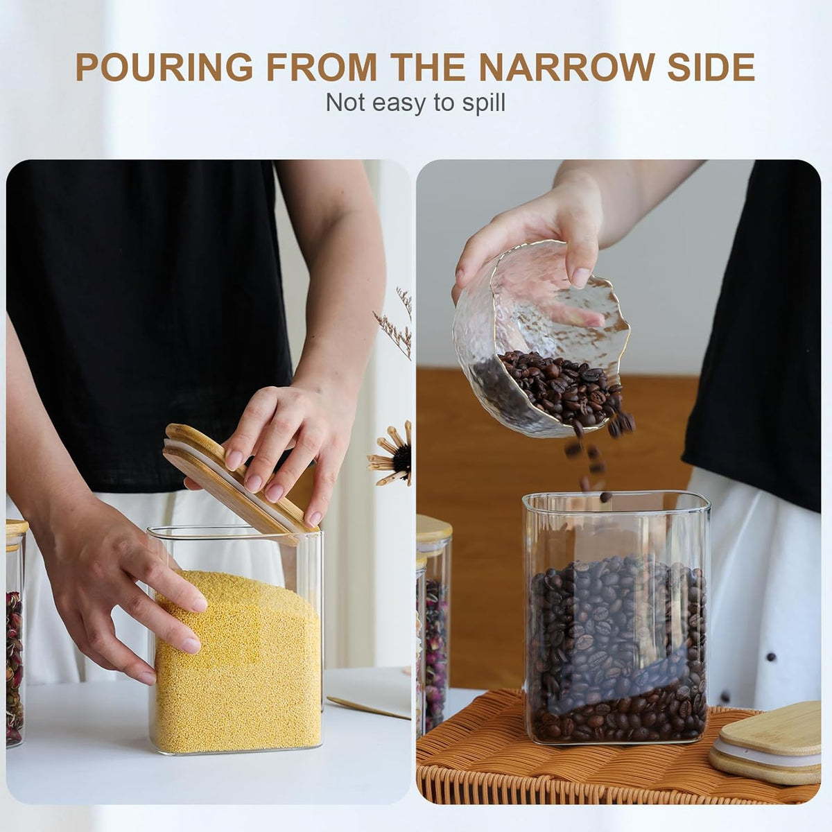Square clear glass storage jar with bamboo lid, hand pouring from the narrow side.