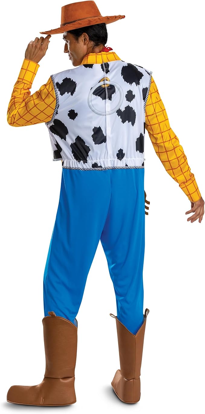 Adult cowboy costume back view: brown hat, cowhide vest, yellow check sleeves, blue pants