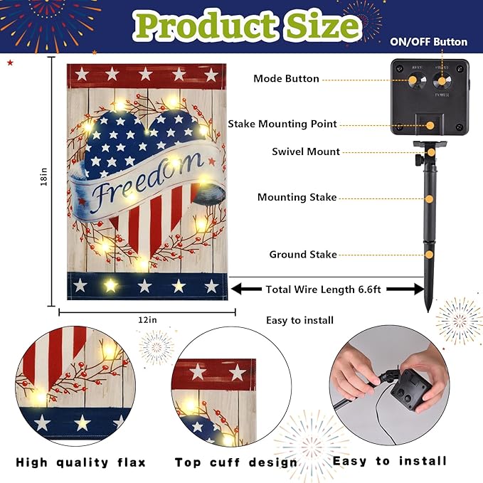 Outdoor yard flag product size diagram with mounting stake and control buttons