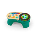 Teal toddler discovery stool with wooden top, colorful buttons and rotating play drum