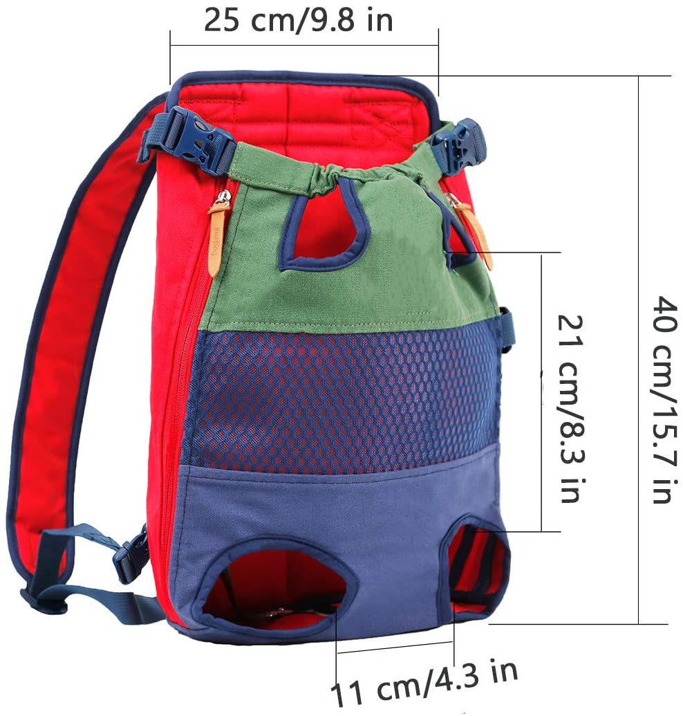 Red, blue, and green cat dog carrier backpack with front breathable mesh and round side opening