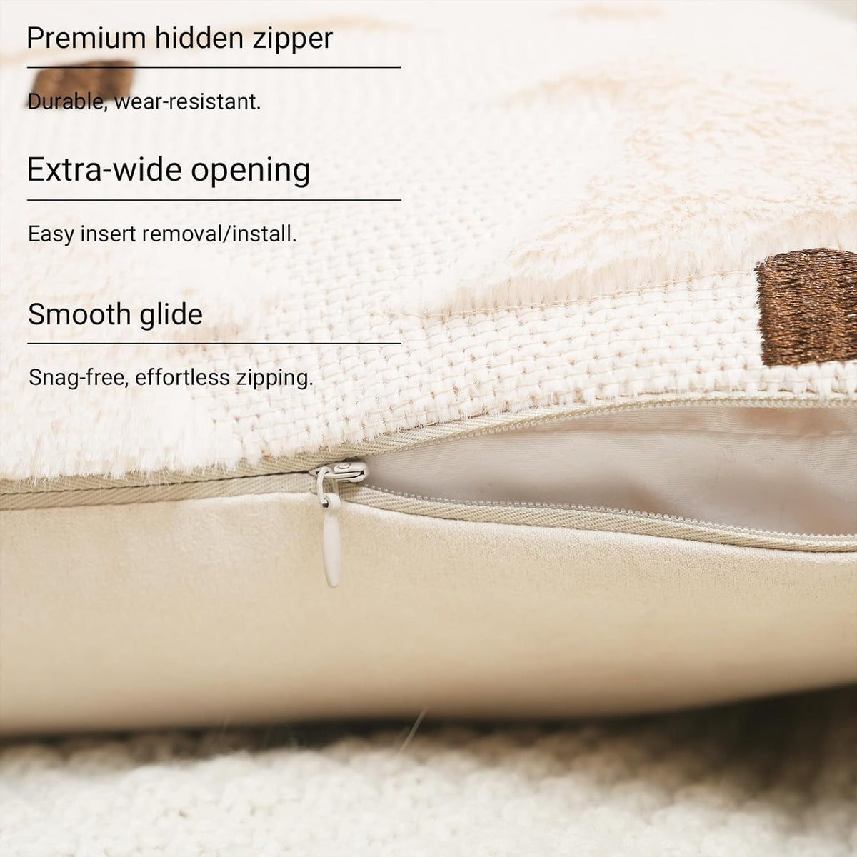 White Christmas pillow cover with hidden zipper opening, close-up view
