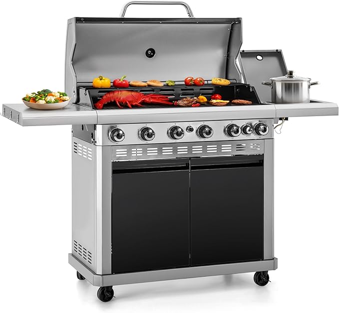 6-burner propane BBQ grill with side burner, stainless body and black grates, open lid