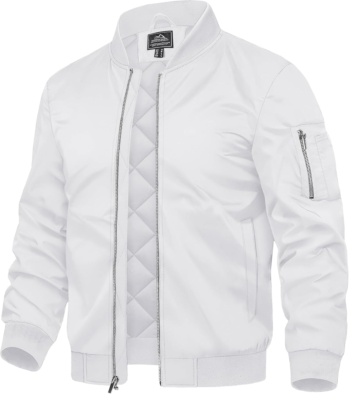 Men's white bomber jacket with quilted lining, full-zip stand collar, ribbed cuffs