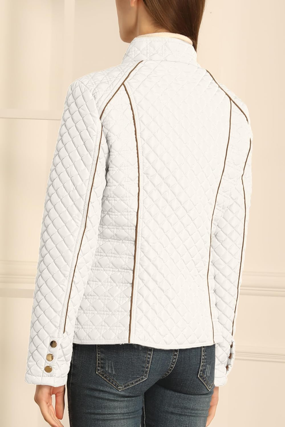 White quilted puffer jacket with stand collar, back view, vertical seam detail