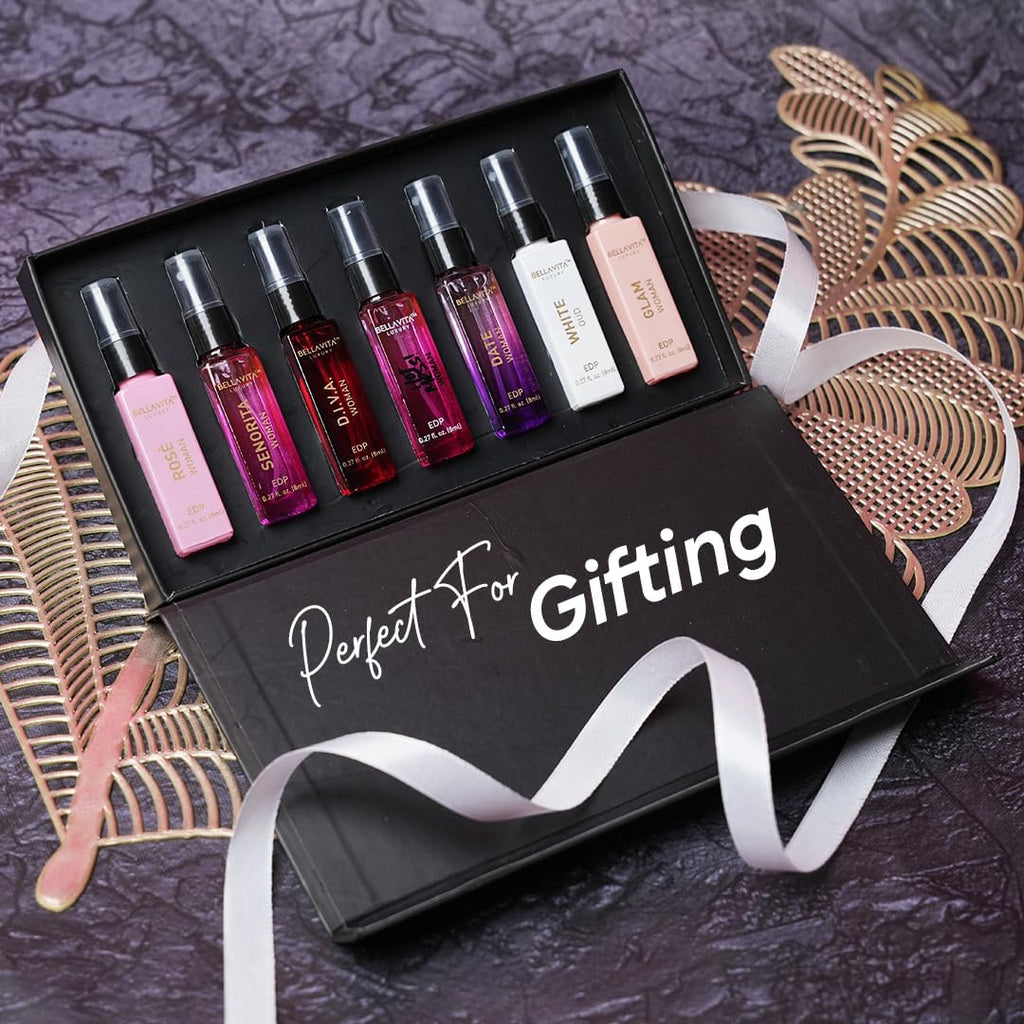 Gift set box with “Perfect for Gifting” and assorted 8ml perfume spray bottles