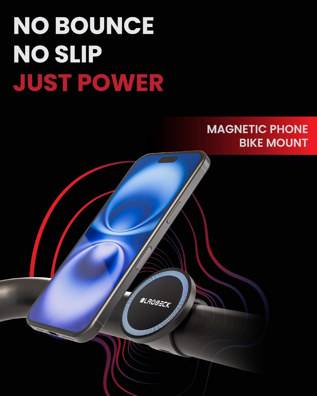 BLAUBECK magnetic bike phone mount with circular puck holding a blue smartphone