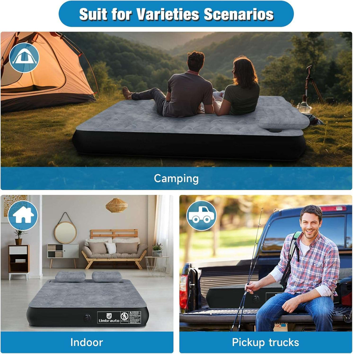 Gray inflatable air mattress laid flat in a camping setup for pickup truck