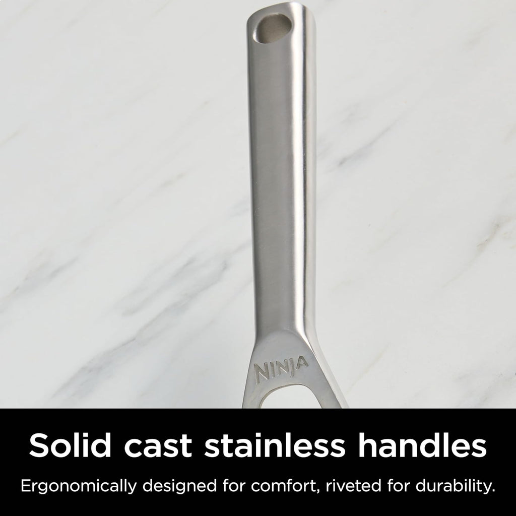 Stainless steel skillet handle with loop grip, close-up