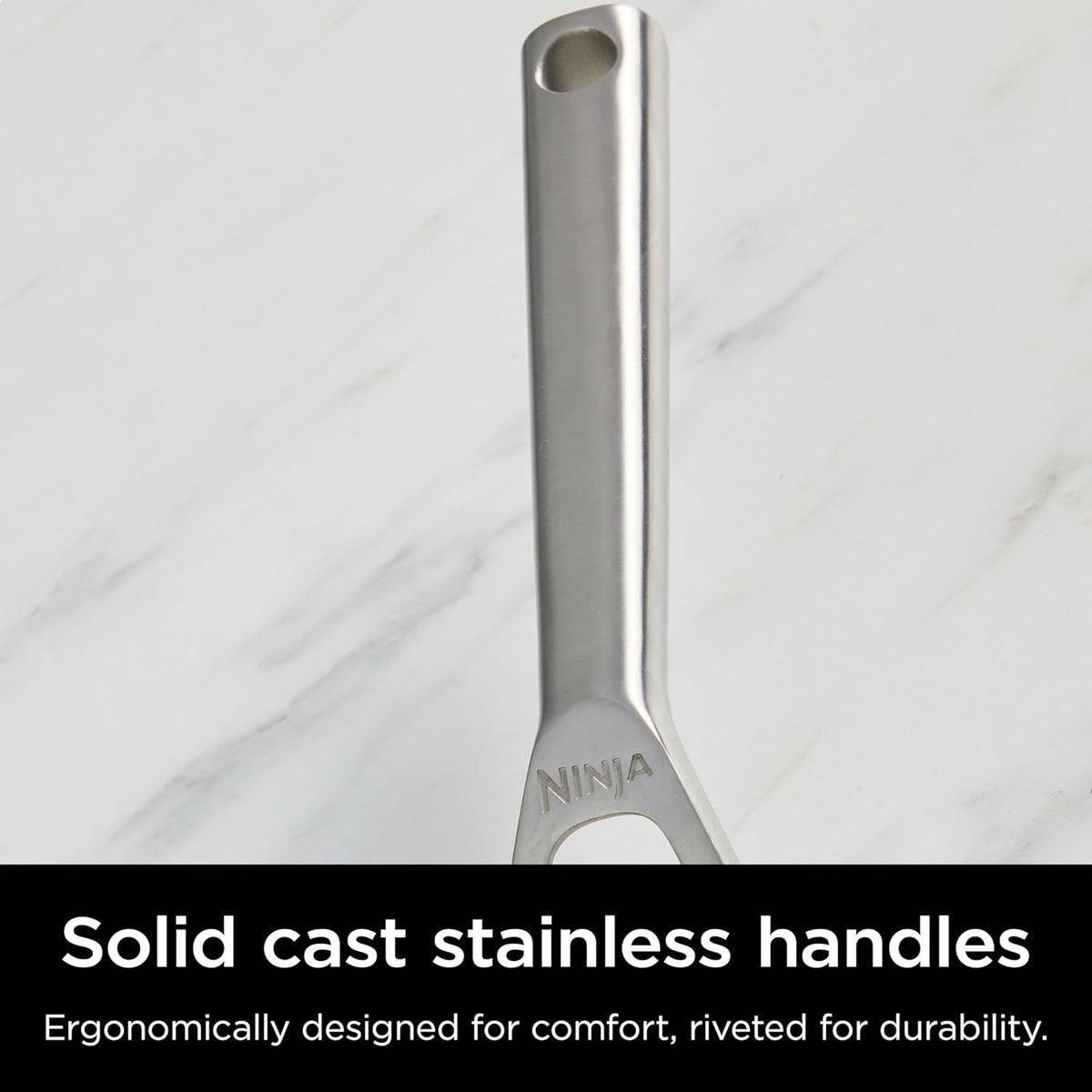 Stainless steel skillet handle with loop grip, close-up