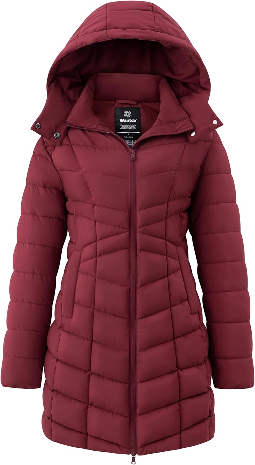 Women's wine red long quilted puffer jacket with hood and front zipper