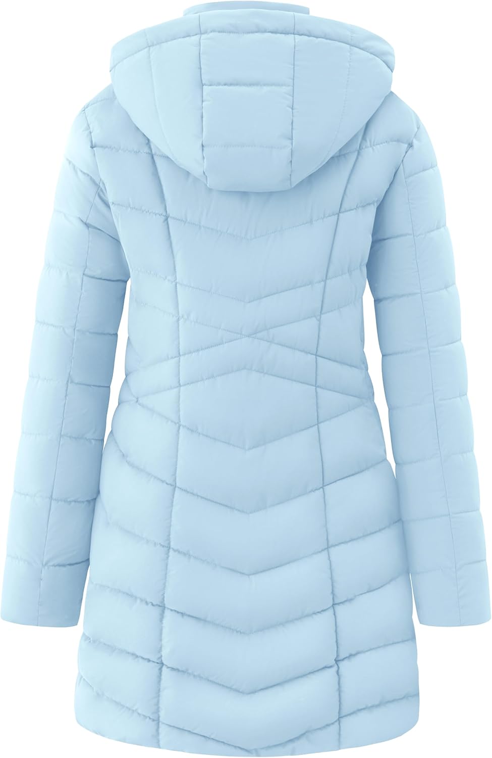 Light blue women’s puffer jacket with hood and quilted chevron pattern, back view