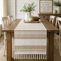 Woven striped table runner with tassel fringe, natural tan and ivory bands