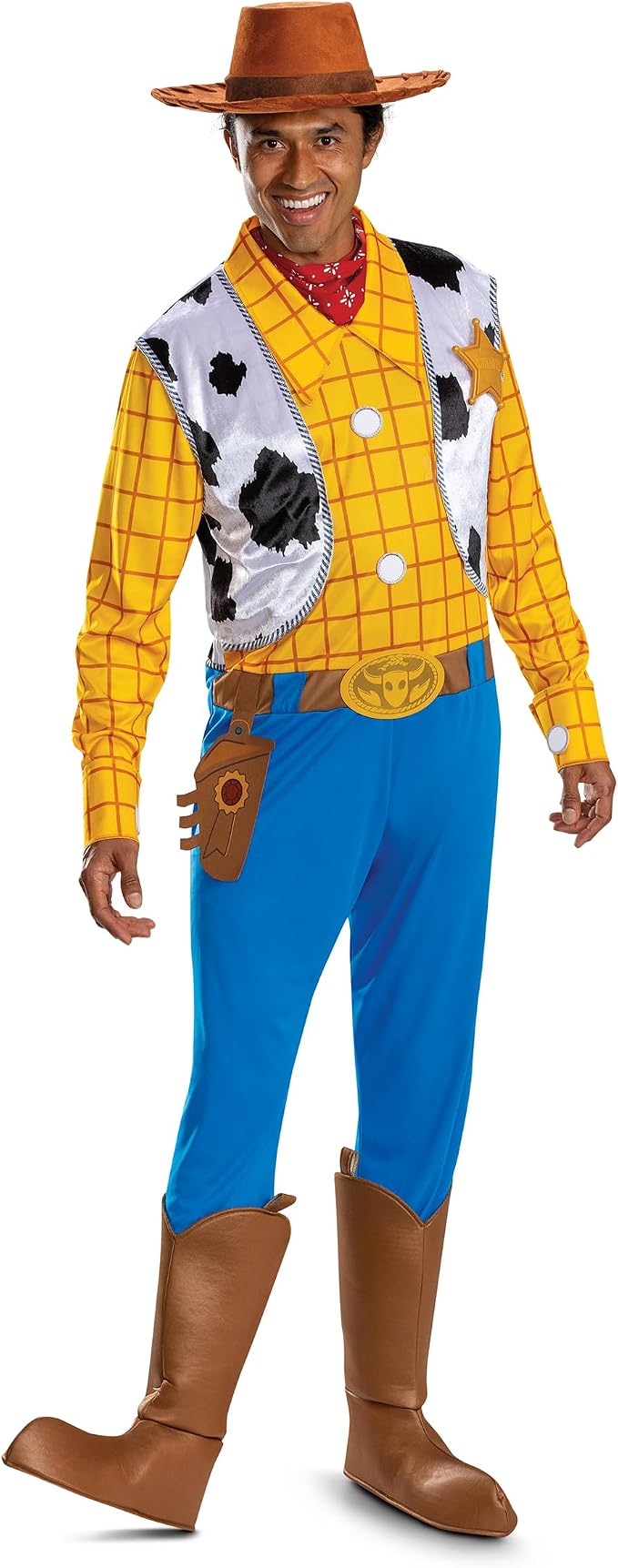 Adult cowboy costume: brown hat, yellow check shirt, cowhide vest, blue pants