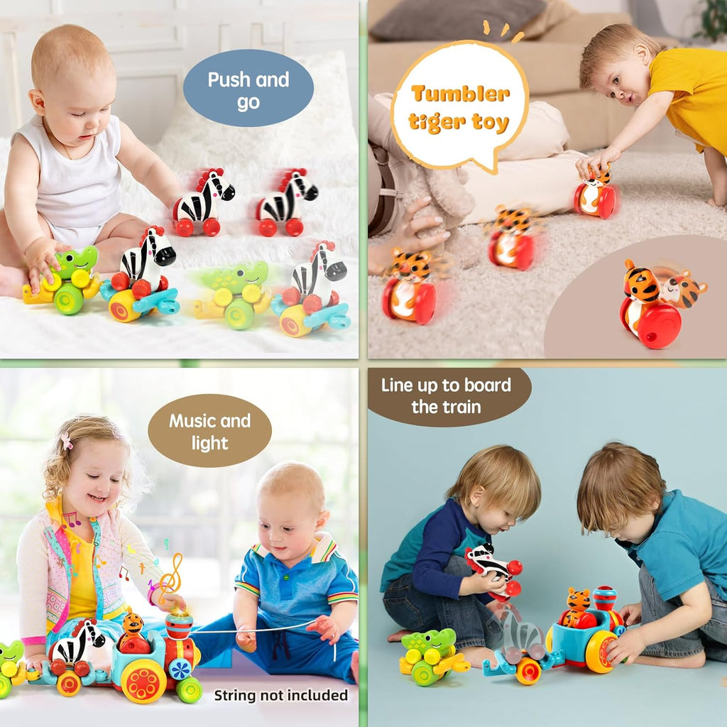 Baby pushing colorful animal train toy with zebra, tiger, and crocodile parts